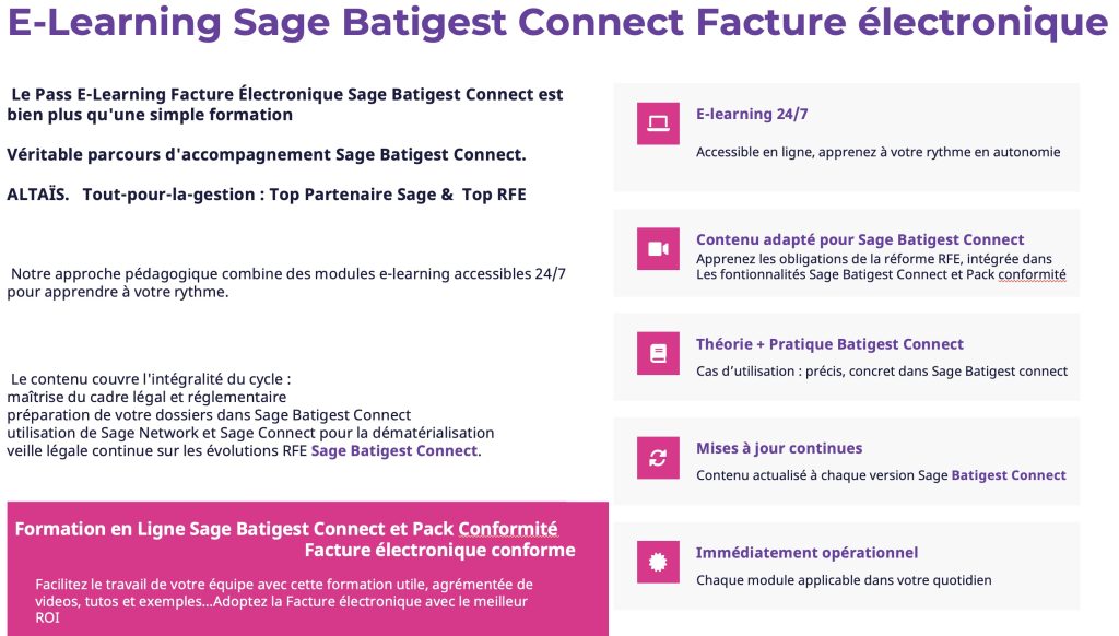 Sage Batigest connect formation Facture Électronique : la formation E-learning plan de formation en ligne