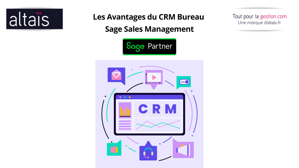 Sage Sales Management bureau pour Sage 100 : CRM SaaS complet avec interface web intuitive, dashboards de pilotage commercial, intégration native à Sage 100, gestion du pipeline de vente et intelligence artificielle Sage Copilot.