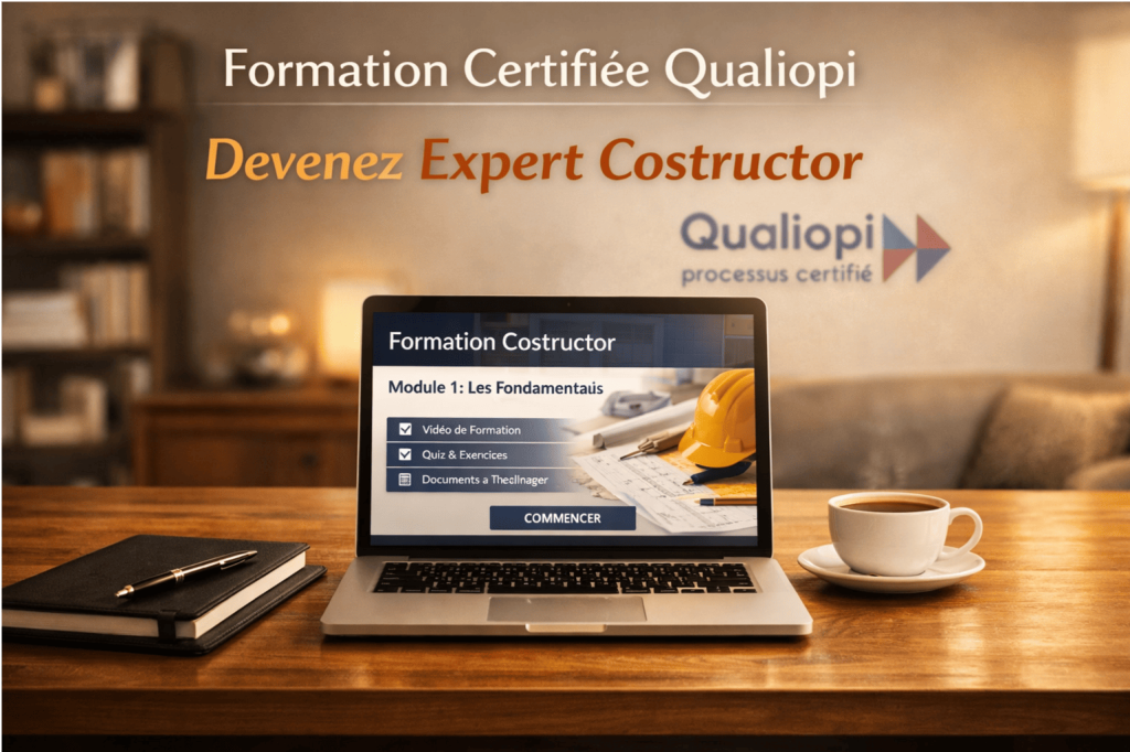 Formation Costructor personnalisée pour les métiers du bâtiment (maçon, électricien, plombier), incluant la maîtrise du devis, de la facturation, du pilotage de chantier mobile, et la préparation à la conformité Factur-X 2026.