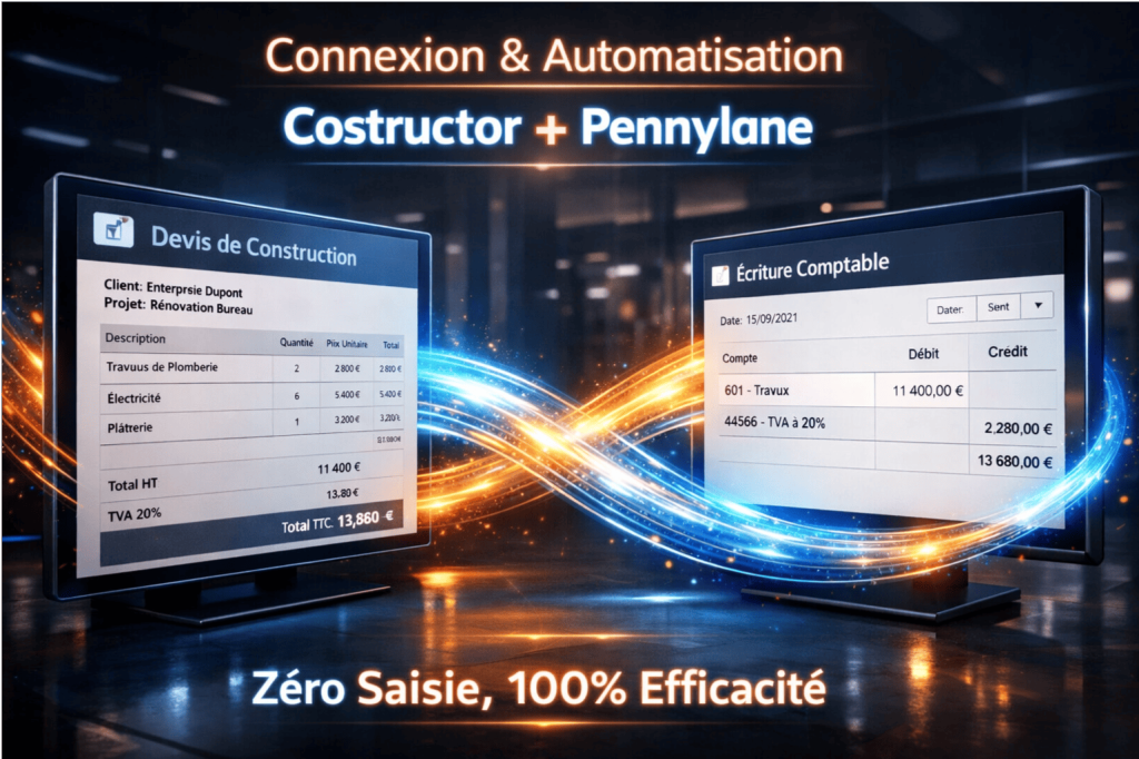 Intégration Costructor et Pennylane pour le BTP, éliminant la double saisie et assurant une comptabilité en temps réel, avec une transmission automatique des devis, factures et factures de situation à Pennylane.