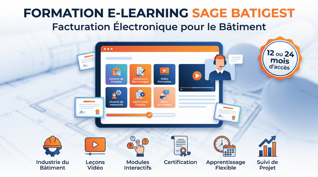 Formation E-Learning Sage Batigest dédiée au secteur du bâtiment : gestion de la facturation électronique dans le suivi de chantier, acomptes, situations de travaux et utilisation du pack de conformité fiscale pour la conformité RFE 2026.