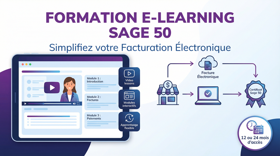 Formation E-Learning Sage 50 pour TPE et professionnels indépendants : maîtrisez la facturation électronique, de la réception des factures d'achat à l'envoi des factures de vente via la PA Sage, préparation des données et conformité RFE 2026.