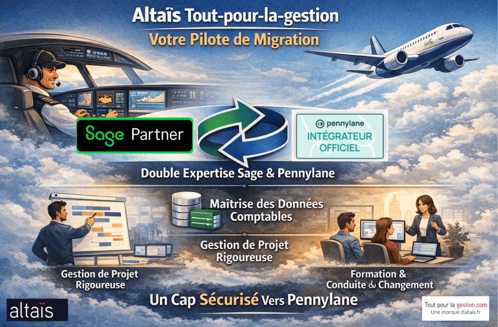 Altaïs Tout-pour-la-gestion, expert en migration Sage vers Pennylane, avec double expertise Sage et Pennylane, gestion rigoureuse de projet, reprise cohérente des données comptables et formation certifiée pour une adoption réussie du nouvel outil.