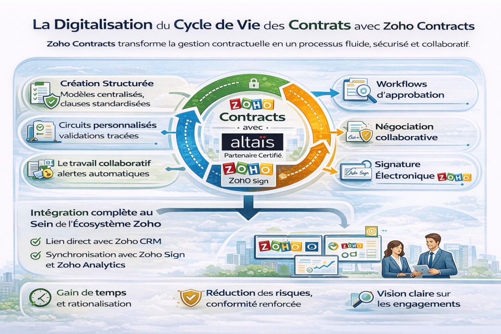Zoho Contracts pour la digitalisation et la sécurisation de la gestion contractuelle, avec automatisation des processus, workflows de validation, gestion des obligations, intégration avec Zoho CRM et signature électronique.