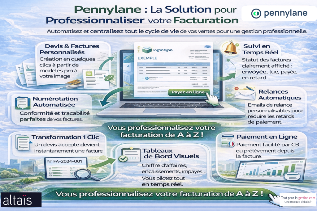 Pennylane, la solution SaaS Plateforme Agréée Facturation électronique. Solution certifiée RFE pour professionnaliser la facturation avec création de devis et factures personnalisés, automatisation des relances, suivi des paiements en temps réel et intégration avec la comptabilité pour un pilotage centralisé et automatisé des ventes.
