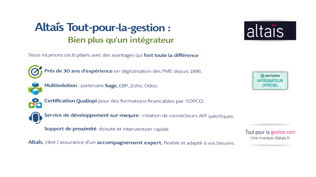 Altaïs Tout-pour-la-gestion, votre partenaire certifié Pennylane et spécialiste ErP depuis 1996 pour la digitalisation des PME, avec une expertise multi-solutions. Revendeur et Intégraeur Pennylane, découvrez nos certifications Qualiopi, développement API, support technique utilisateur Hotline de proximité pour garantir le succès de votre projet Pennylane.