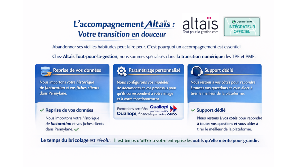 Accompagnement Pennylane avec Altaïs pour la transition numérique des TPE et PME, avec reprise des données, paramétrage personnalisé, formation certifiée Qualiopi, et support dédié pour une gestion professionnelle et optimisée.
