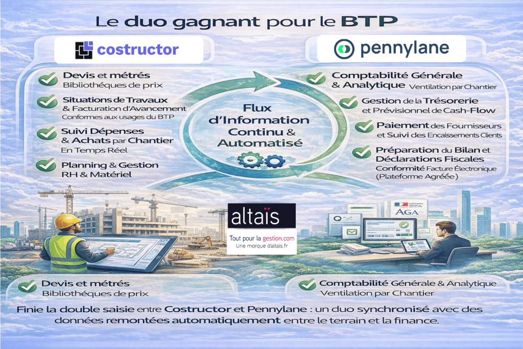 Intégration Costructor et Pennylane pour le BTP, combinant gestion de chantier, devis et facturation d’avancement avec comptabilité, trésorerie et conformité à la facture électronique sur une plateforme financière centralisée.
