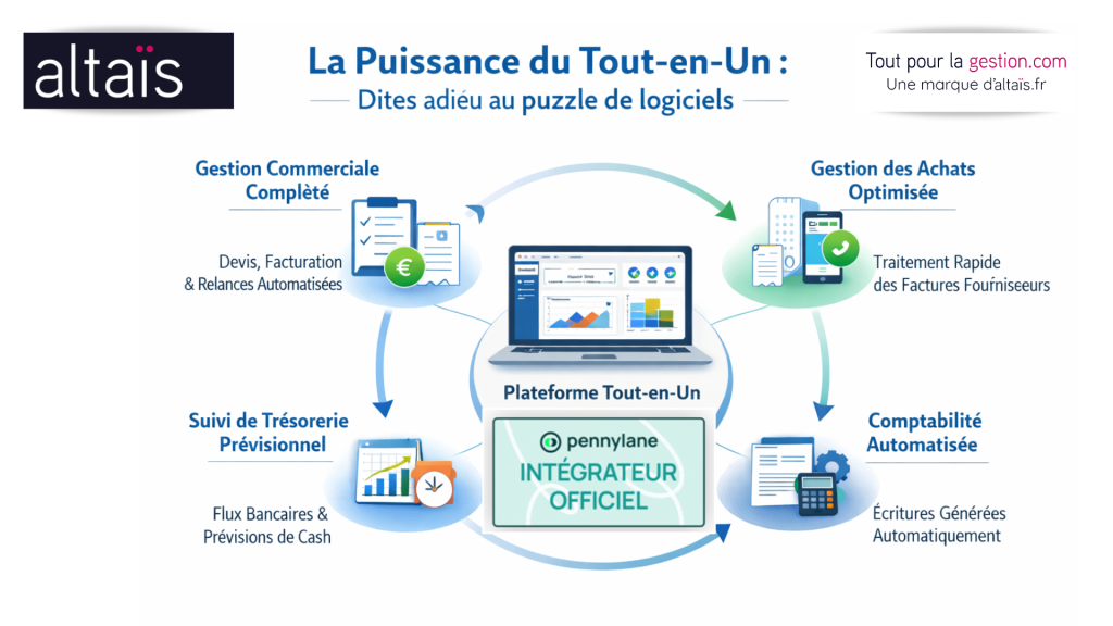 Pennylane, solution intégrée pour une gestion commerciale et comptable complète, avec cycle de vente automatisé, gestion des achats et paiements optimisée, suivi de trésorerie dynamique et prévisionnel, et comptabilité automatisée pour une productivité maximale.