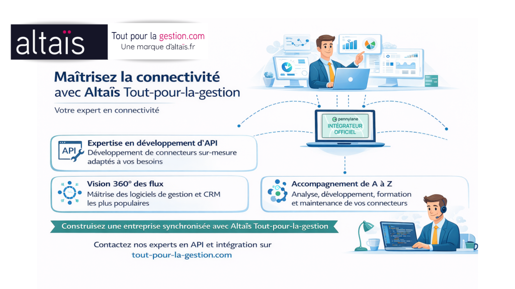 Altaïs Tout-pour-la-gestion, expert en connectivité, offre des solutions de développement API sur-mesure, intégration fluide des flux de données entre Pennylane, Sage, EBP, Zoho et plus, avec un accompagnement complet et des formations certifiées Qualiopi. API Pennylane : Intégrateur API et automatisation des données