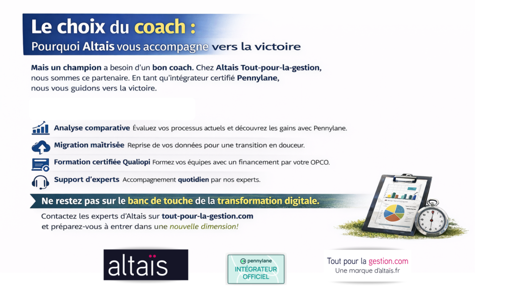 Altaïs Tout-pour-la-gestion, intégrateur certifié Pennylane, vous accompagne avec une analyse comparative, une migration maîtrisée, une formation certifiée Qualiopi et un support expert pour réussir votre transition vers une gestion financière moderne et optimisée.