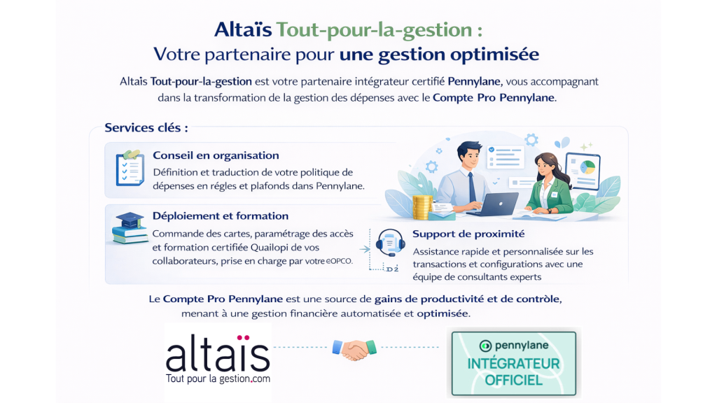 Altaïs Tout-pour-la-gestion, partenaire intégrateur certifié Pennylane, accompagne le déploiement du Compte Pro Pennylane avec conseil en organisation, formation certifiée Qualiopi, support personnalisé et gestion des dépenses optimisée pour un contrôle financier automatisé.