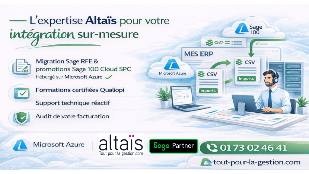 Altaïs expert en intégration Sage 100, automatisation des factures clients Pdf ou csv pour sécuriser la facturation électronique via Sage 100 plateforme agréée RFE, migration vers Sage 100 Cloud SPC . Formation certifiée Qualiopi et support technique hotline Sage 100 RFE.