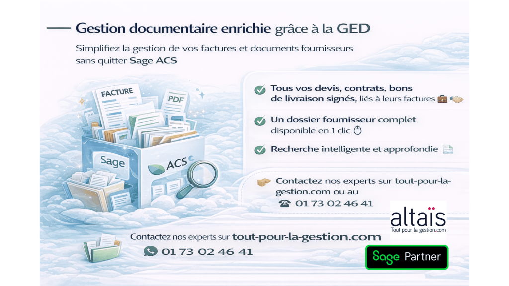 Gestion électronique des documents (GED) avec Sage Automatisation Comptable ACS permettant de centraliser devis, contrats et bons de livraison, avec rattachement aux factures et recherche intelligente pour un accès rapide aux dossiers fournisseurs.