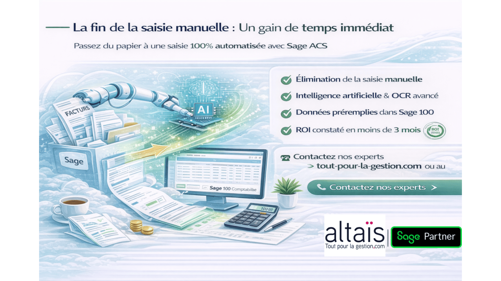 Sage Automatisation Comptable ACS automatisant la saisie des factures grâce à l’OCR et à l’intelligence artificielle, intégration directe dans Sage 100 Comptabilité pour un gain de temps immédiat et un ROI rapide.