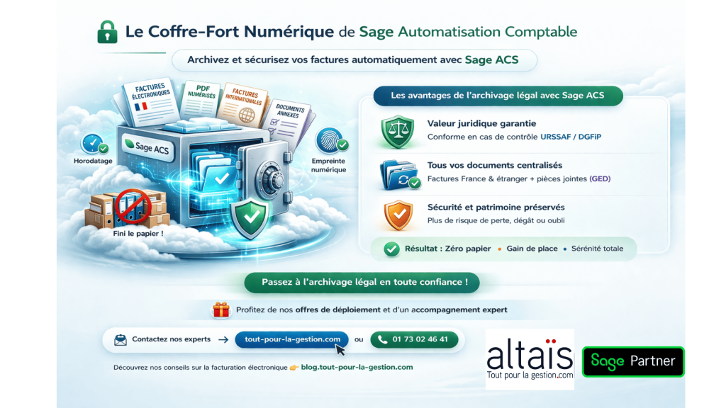 Sage Automatisation comptable ACS avec coffre-fort numérique pour l’archivage légal des factures électroniques et PDF, garantissant valeur probante, centralisation des documents et sécurisation des données sans papier.