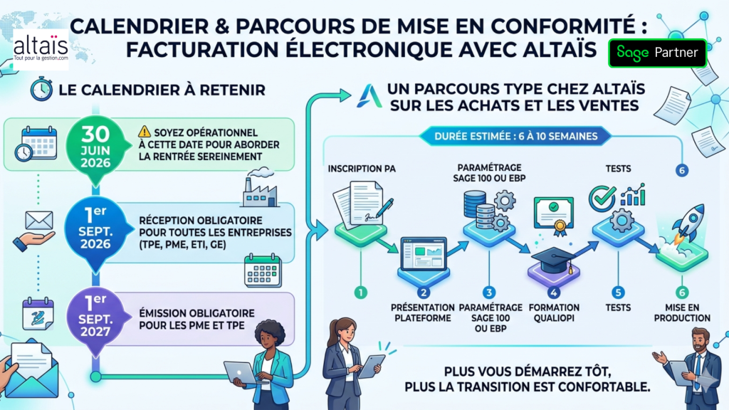 Calendrier facture électronique 2026 2027 avec obligations de réception et émission et planning de mise en conformité RFE avec Sage et EBP