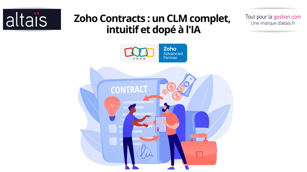 Zoho Contracts : logiciel CLM SaaS complet intégrant rédaction intelligente, collaboration en temps réel, workflows d’approbation, signature électronique et IA pour l’analyse des clauses, le suivi des risques et le pilotage des contrats.