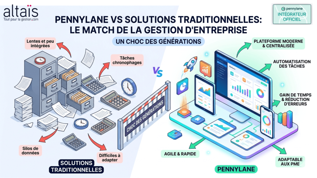 Comparaison entre Pennylane et solutions traditionnelles de gestion d'entreprise avec avantages d'automatisation, centralisation et agilité pour PME et TPE