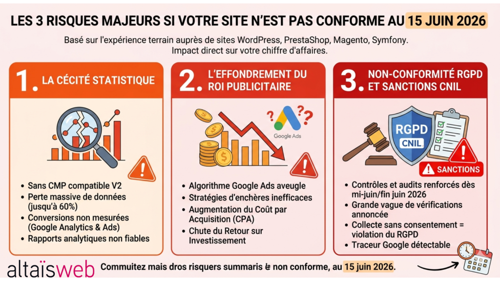Trois risques majeurs pour les sites WordPress, PrestaShop, Magento et Symfony si non conformes au Consent Mode V2 avant le 15 juin 2026 : perte de données analytiques, baisse du ROI publicitaire Google Ads, non-conformité RGPD et sanctions CNIL