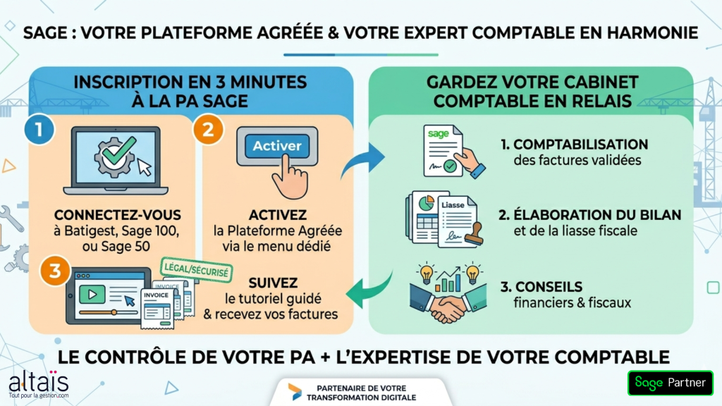 Déclarer Sage comme Plateforme Agréée : inscription rapide Batigest, Sage 100 et 50, réception sécurisée des factures, rôle du cabinet comptable pour comptabilisation et conseils fiscaux