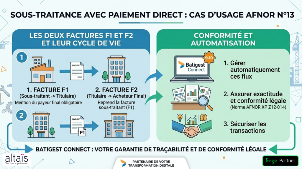 Sous-traitance paiement direct : norme AFNOR XP Z12-014, factures F1 et F2, traçabilité et conformité légale, gestion automatisée avec Batigest Connect 9.10
