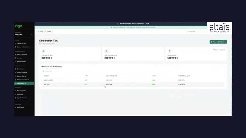 Sage Expérience IA Aide déclaration Tva Altais Tout-pour-la-gestion