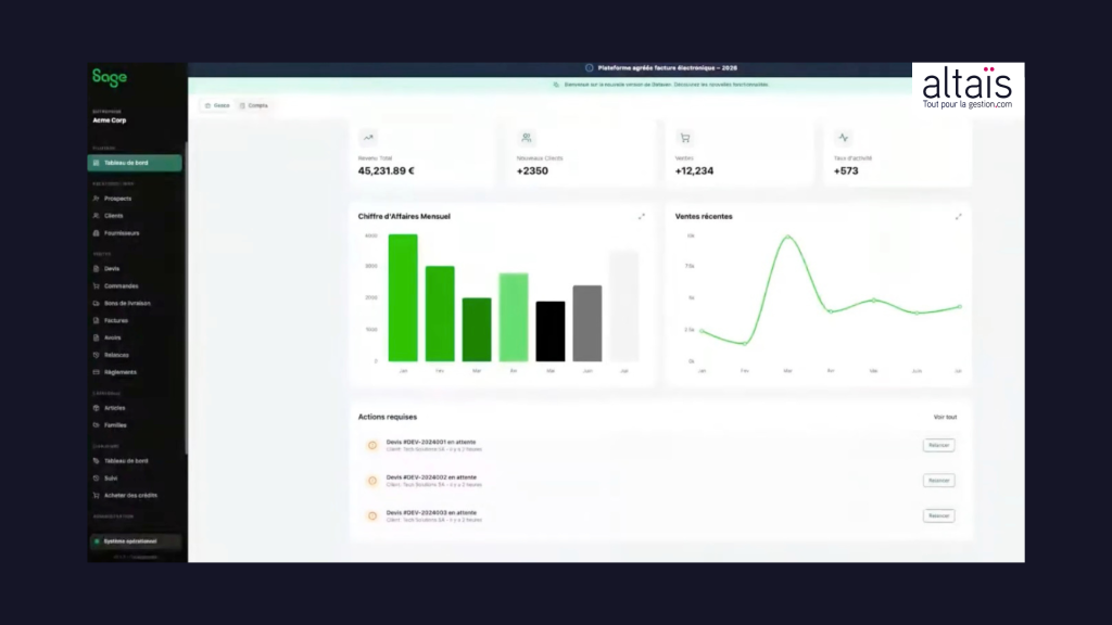 Sage Expérience IA Tableaux suivi commercial interactif Altais Tout-pour-la-gestion