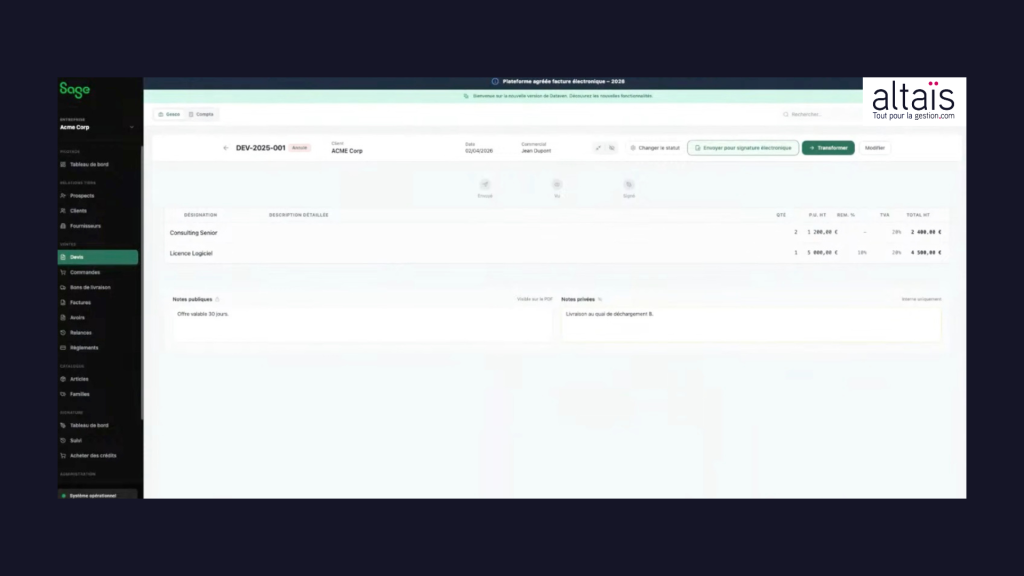 Sage Expérience IA Devis client SaaS vue Altais Tout-pour-la-gestion