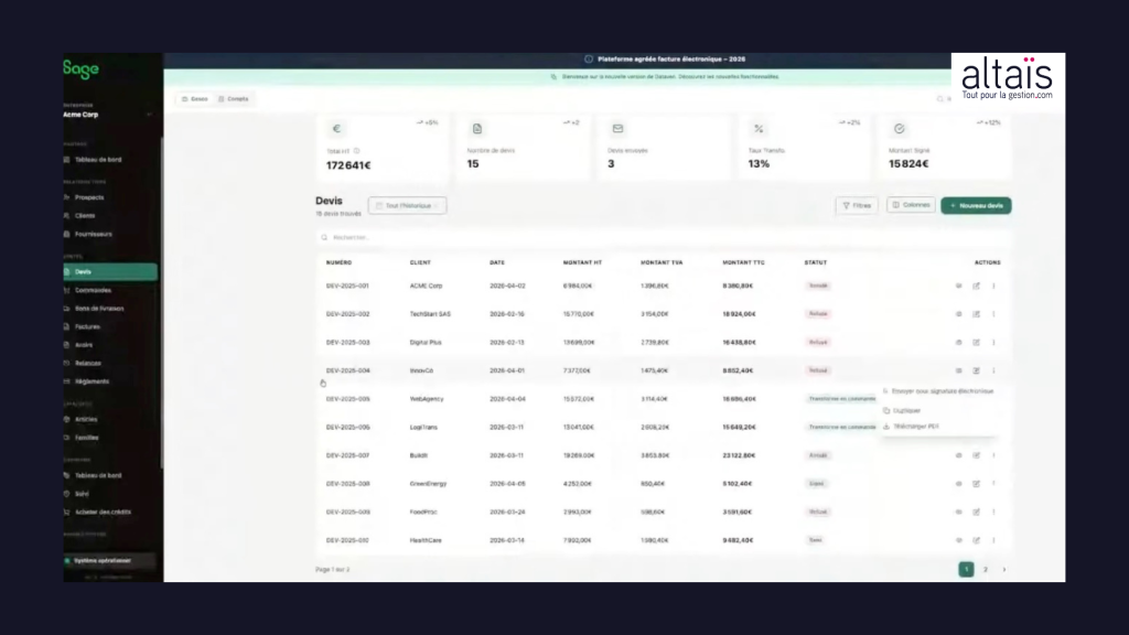 Sage Expérience IA Liste devis client prix Altais Tout-pour-la-gestion