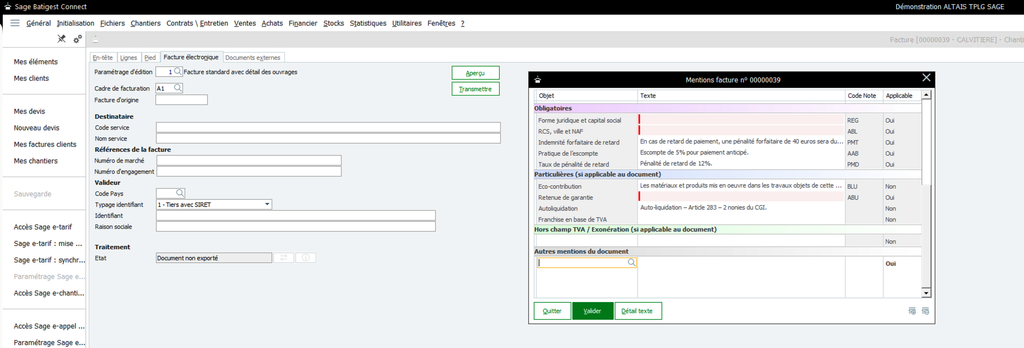 Sage Batigest Connect V10.1 mentions légales obligatoires facture électronique et bouton Transmettre – Altaïs