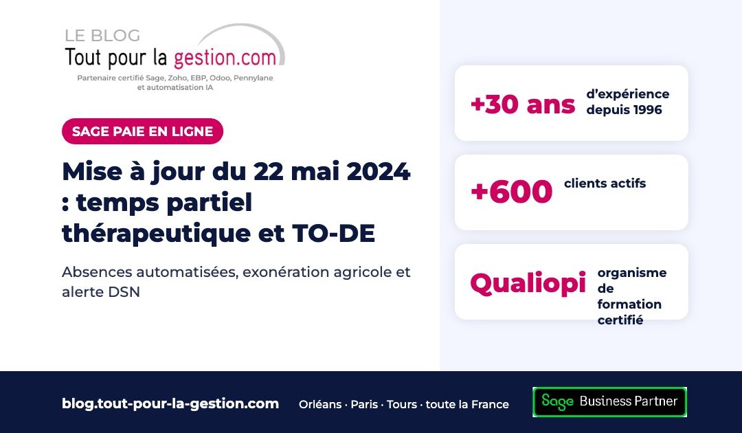 Sage paie en ligne, mai 2024 : temps partiel thérapeutique et TO-DE