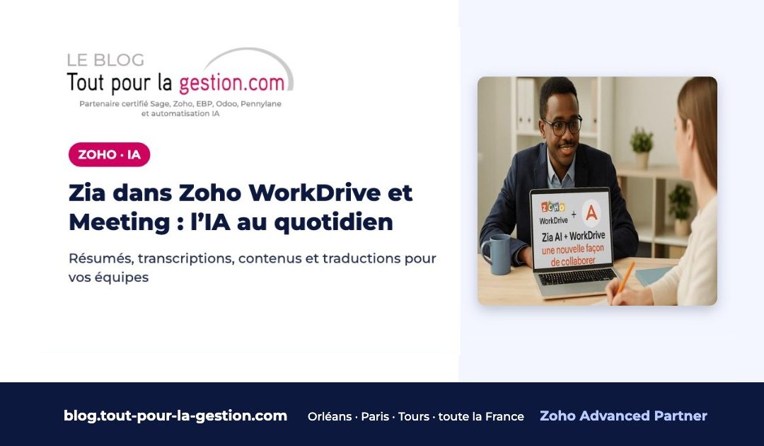 Zia dans Zoho WorkDrive et Zoho Meeting : résumés, transcriptions et contenus IA